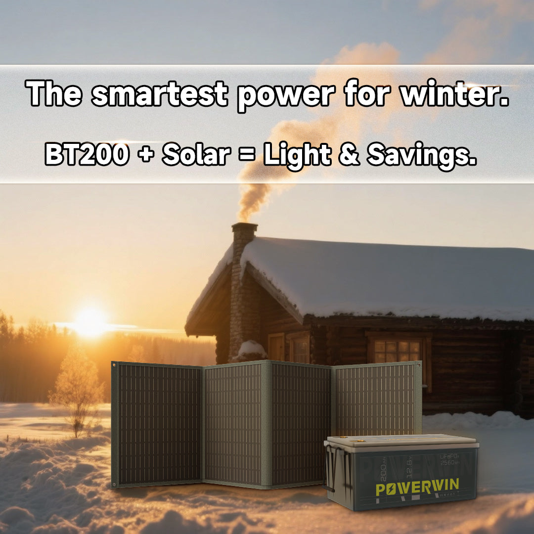Powerwin PWS110 110W foldable solar panel shown in a winter outdoor environment