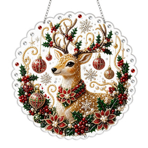 AMZ Christmas Reindeer Wreath Diamond Painting Hanging Ornament, Handmade Festive Glittery Parent-Child Activity Toy