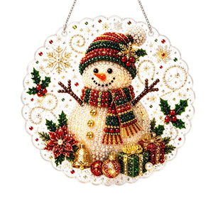 AMZ Christmas Snowman Lace Round Diamond Painting Ornament, Handmade DIY Festive Decor, Family Diamond Glitter Ornament