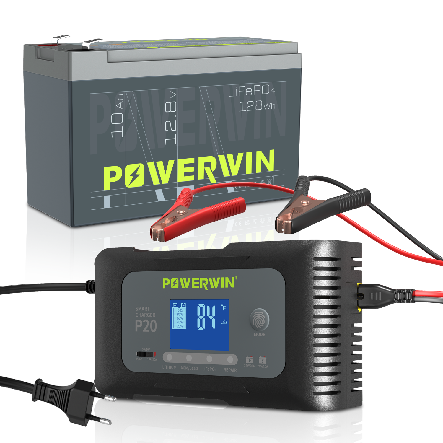 POWERWIN 12V 10Ah LiFePO4 Lithium Battery + Charger Set