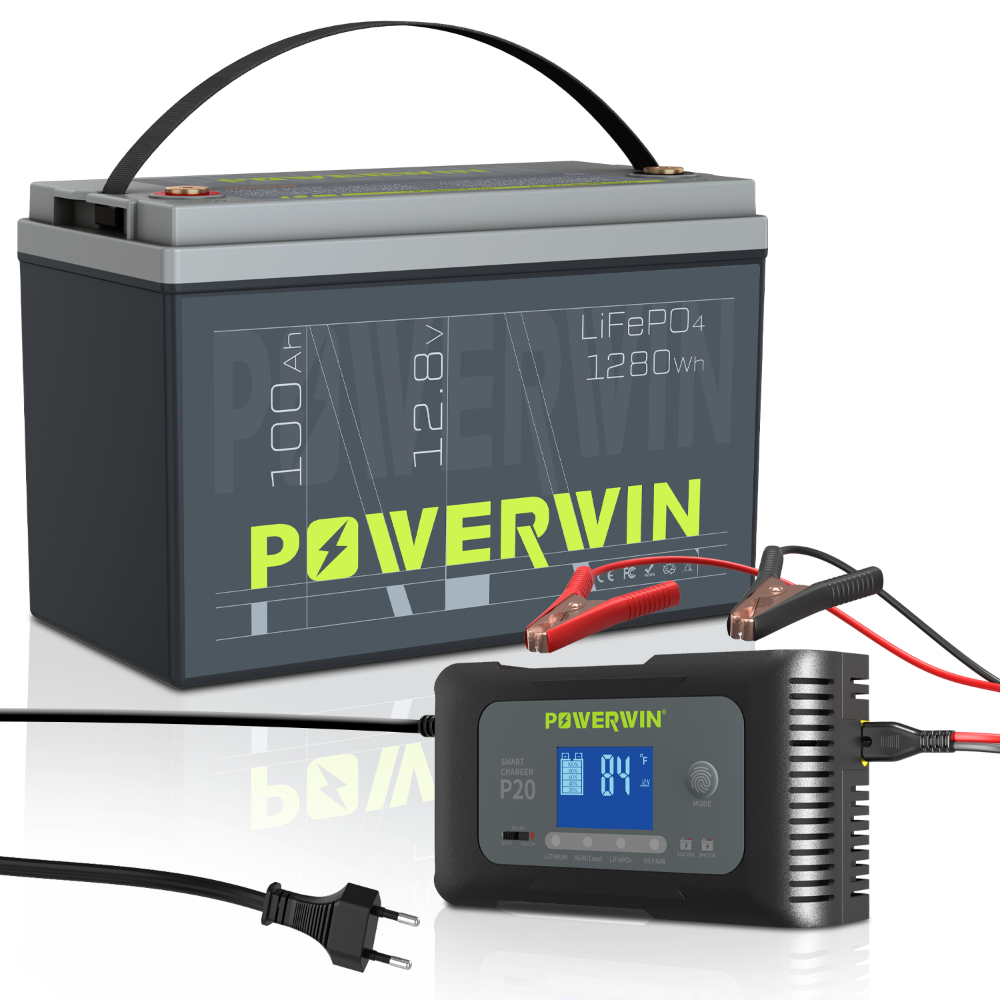 POWERWIN 12V 100Ah LiFePO4 Lithium Battery + Charger Set
