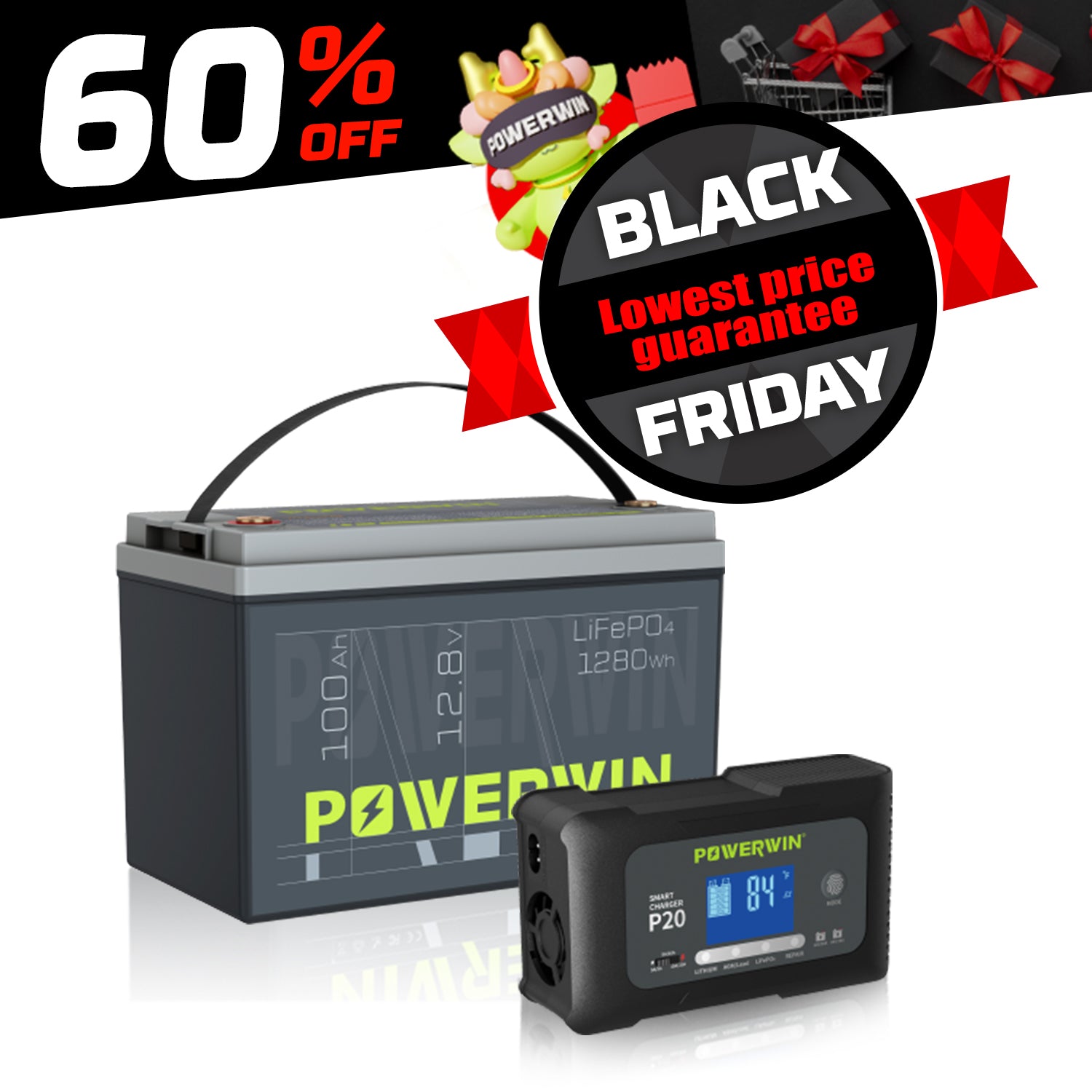 POWERWIN 12V 100Ah LiFePO4 Lithium Battery + Charger Set