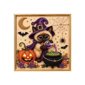 DOWMOO Cute Witch Cat Pumpkin Craft Pearl Art Set - Siamese Cat Adorable Ornament for Festive Ambiance Decoration