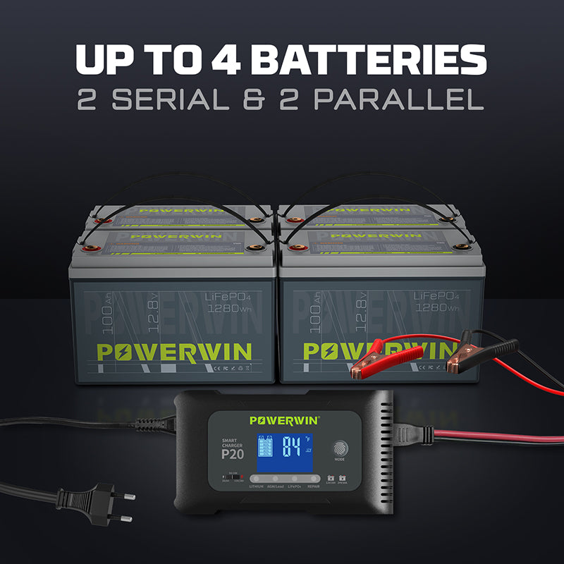 POWERWIN 12V 100Ah LiFePO4 Lithium Battery + Charger Set