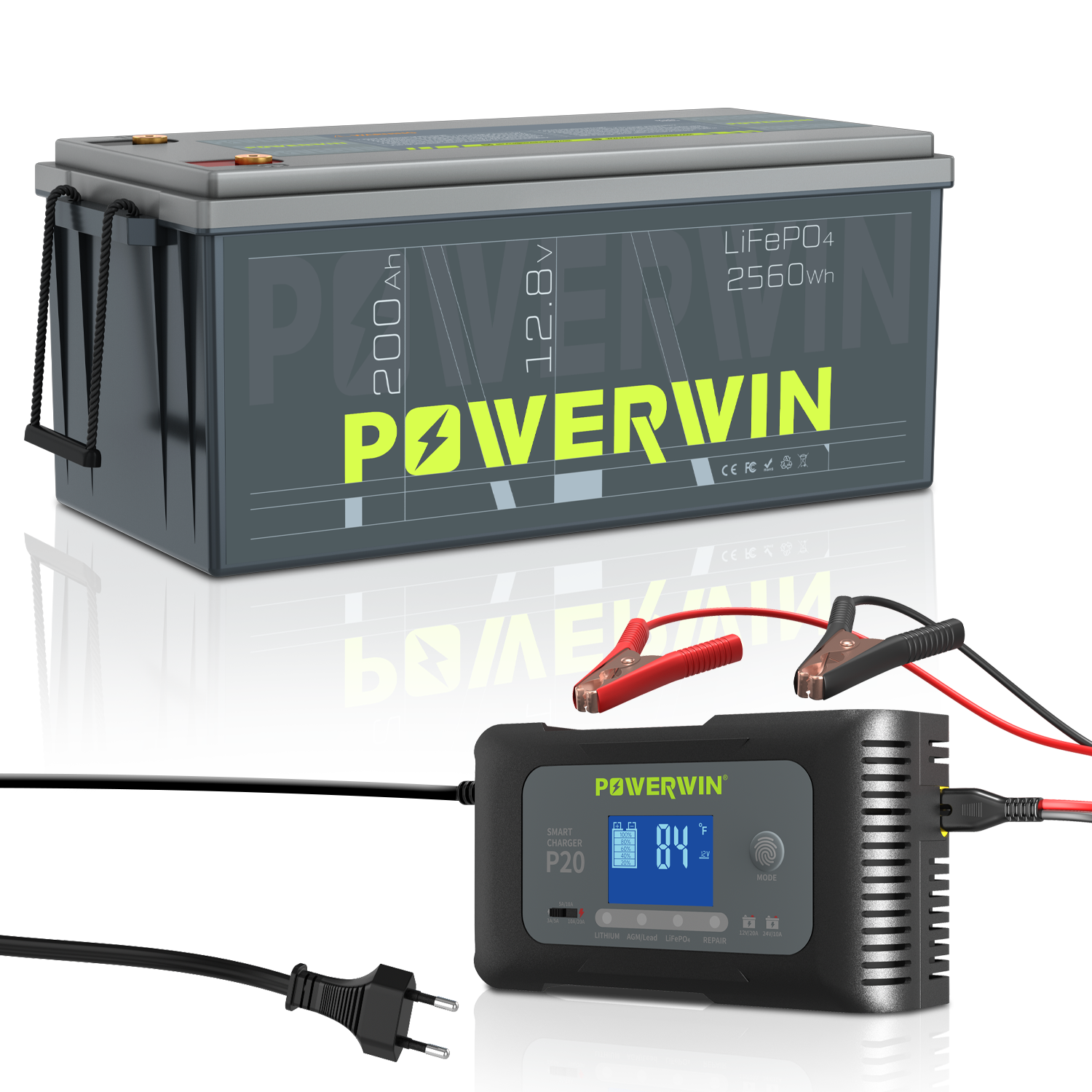 POWERWIN 12V 200Ah LiFePO4 Lithium Battery + Charger Set