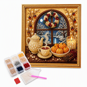AMZ DIY Christmas Snow Scene Window Tea Pot Pearl Rhinestone Decorative Painting, Festive Atmosphere, Warm and Romantic Home DIY Exquisite Decorative Painting