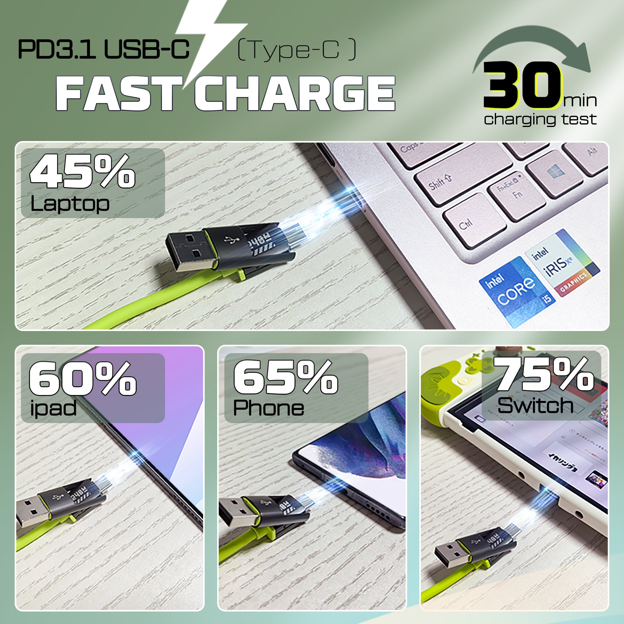 POWERWIN PWC240 Universal 4-in-1 Charging Cable - 240W PD3.1 Type-C with USB-A & Lightning Ports for Fast Charging