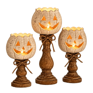 Dowmoo rustic-style white pumpkin tea light candlestick set, creating a festive atmosphere with decorative candlestick ornaments
