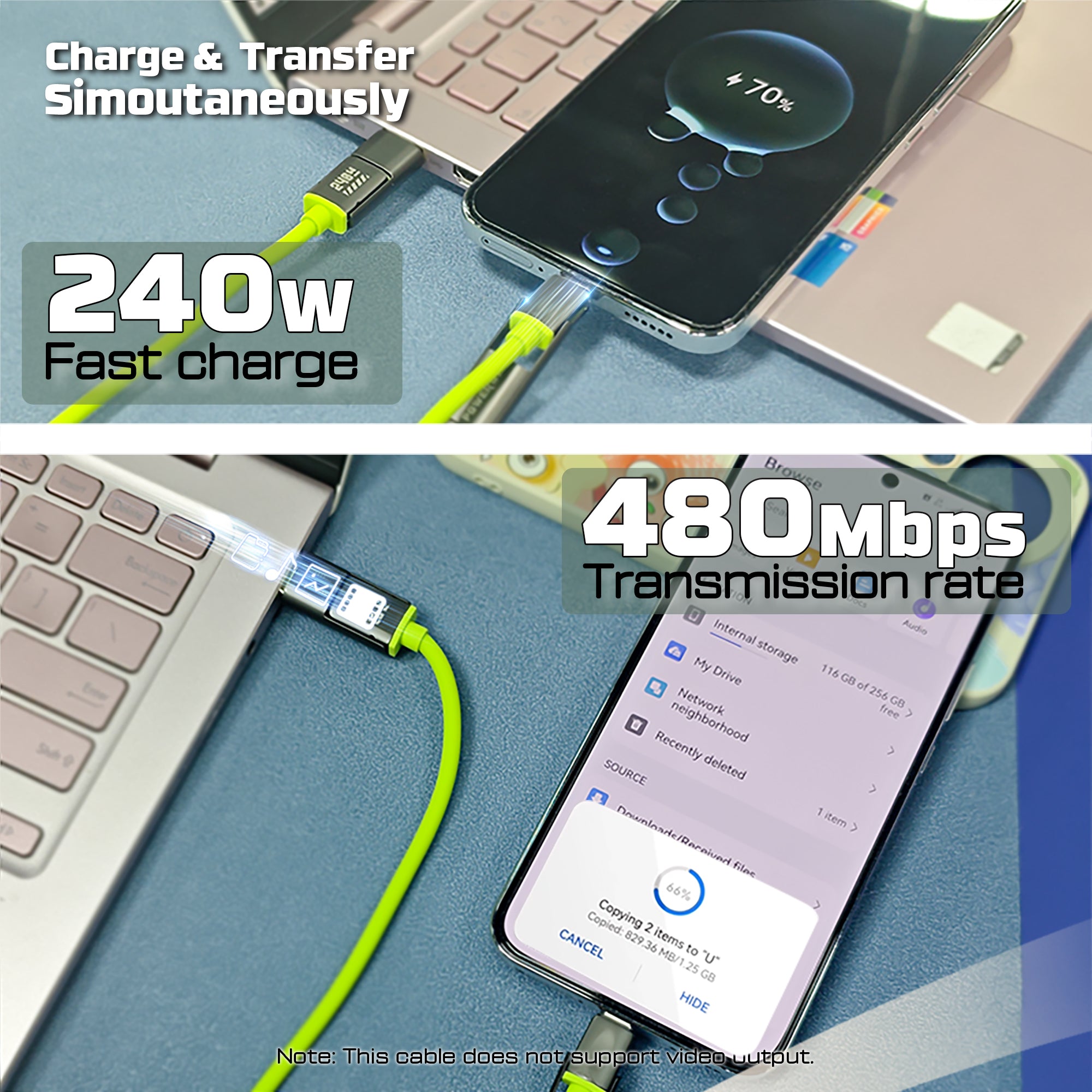 POWERWIN PWC240 Universal 4-in-1 Charging Cable - 240W PD3.1 Type-C with USB-A & Lightning Ports for Fast Charging