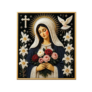AMZ Christmas DIY Art Set - Black Background with Floral Design of the Virgin Mary, a Creative Gift for Festive Atmosphere, Home Diamond Painting Decoration