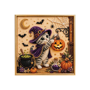 DOWMOO Cute Witch Cat Pumpkin Craft Pearl Art Set - Tabby Cat Adorable Ornament Festive Decoration