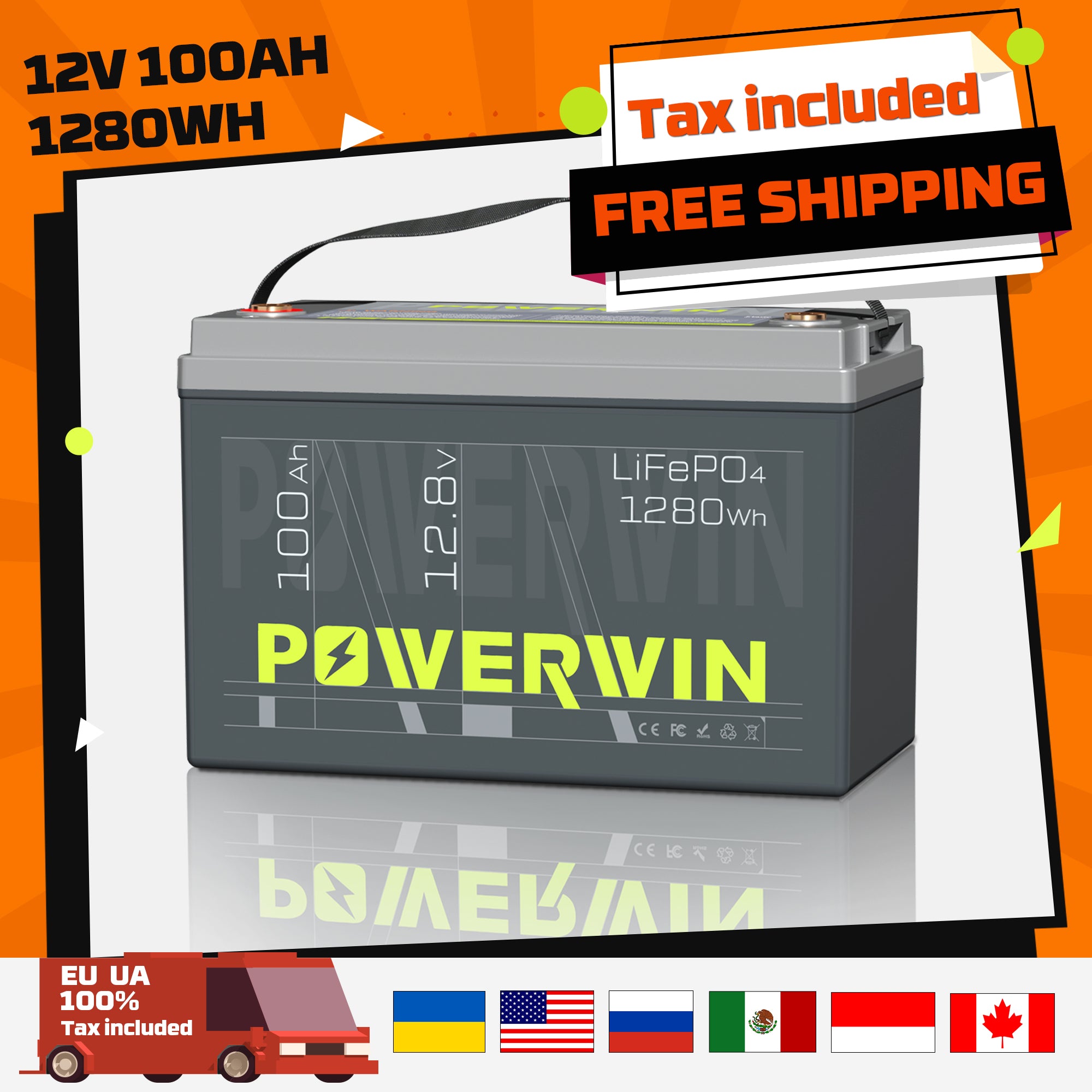 POWERWIN BT100 12V 100Ah 1280Wh LiFePO4 Lithium Battery