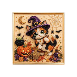DOWMOO Cute Witch Cat Pumpkin Craft Pearl Art Set - Calico Cat Adorable Ornament for Festive Ambiance Decoration