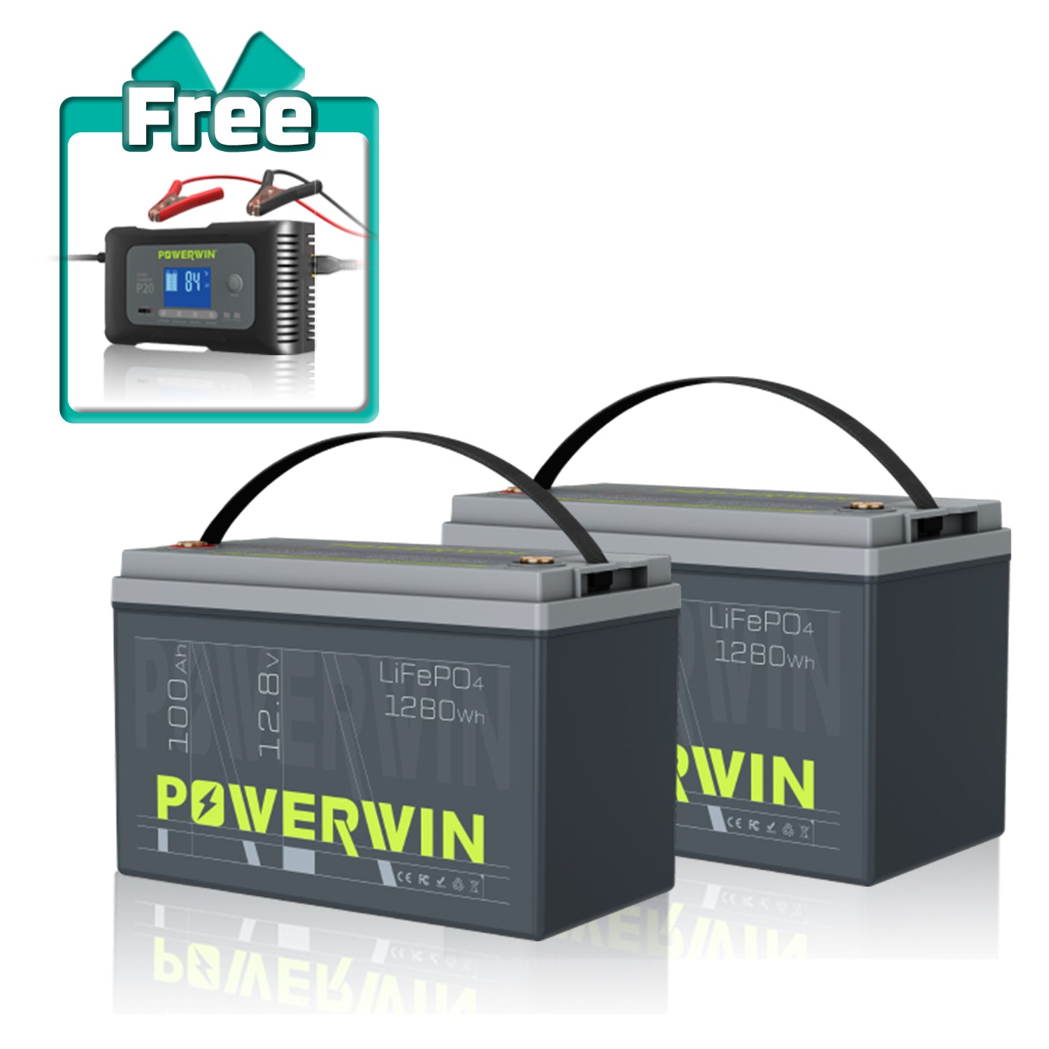 POWERWIN BT100 24V 100Ah 1280Wh LiFePO4 Lithium Battery 2 Pack 2560Wh Total