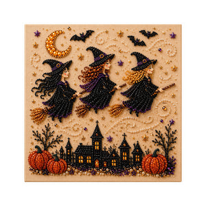 Dowmoo Pearl Halloween Mural Set - Three Witches Riding Brooms, Holiday Family DIY, Various 3D Retro Halloween Murals