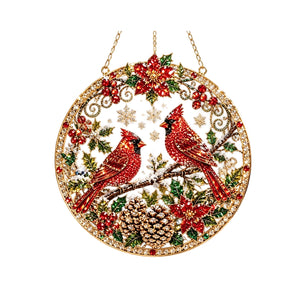 AMZ Christmas Pearl and Diamond Art Ornament Set - Double Red Cardinal Bird, a fashionable and creative round DIY home decoration for a festive Christmas atmosphere