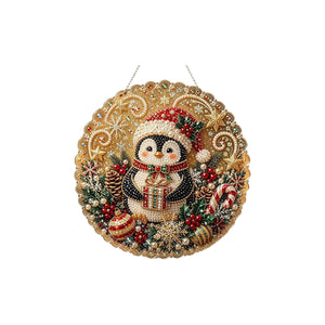 AMZ DIY hanging decoration: pearl and diamond painting with a gold background, featuring a penguin design. Easy to use, with strong adhesive and a sparkling finish. Other toys included