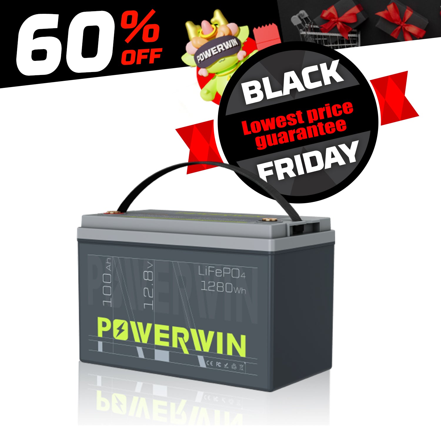 POWERWIN BT100 12V 100Ah 1280Wh LiFePO4 Lithium Battery