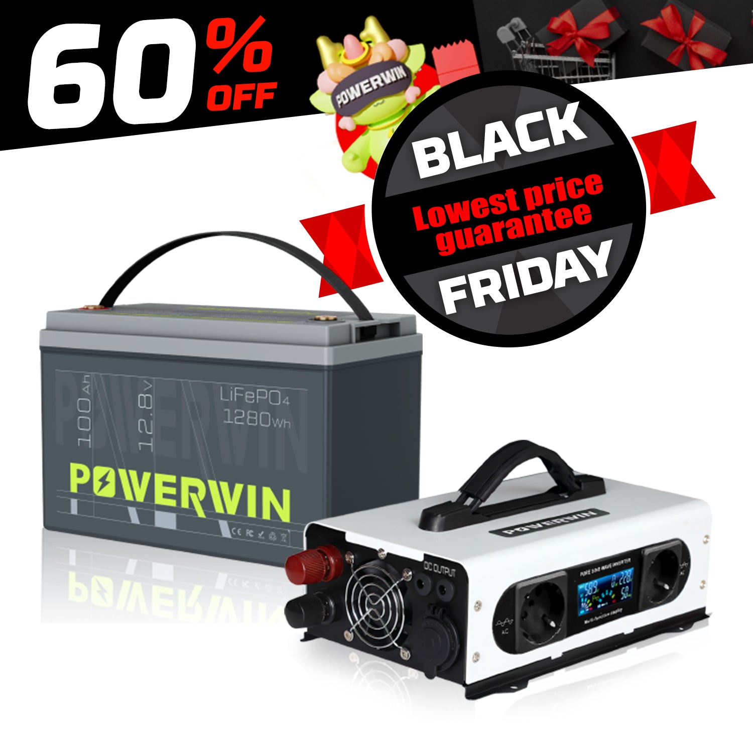 POWERWIN Portable Power Combo 1280Wh Lithium Battery+ 1200W Pure Sine Inverter BT100+PI1200