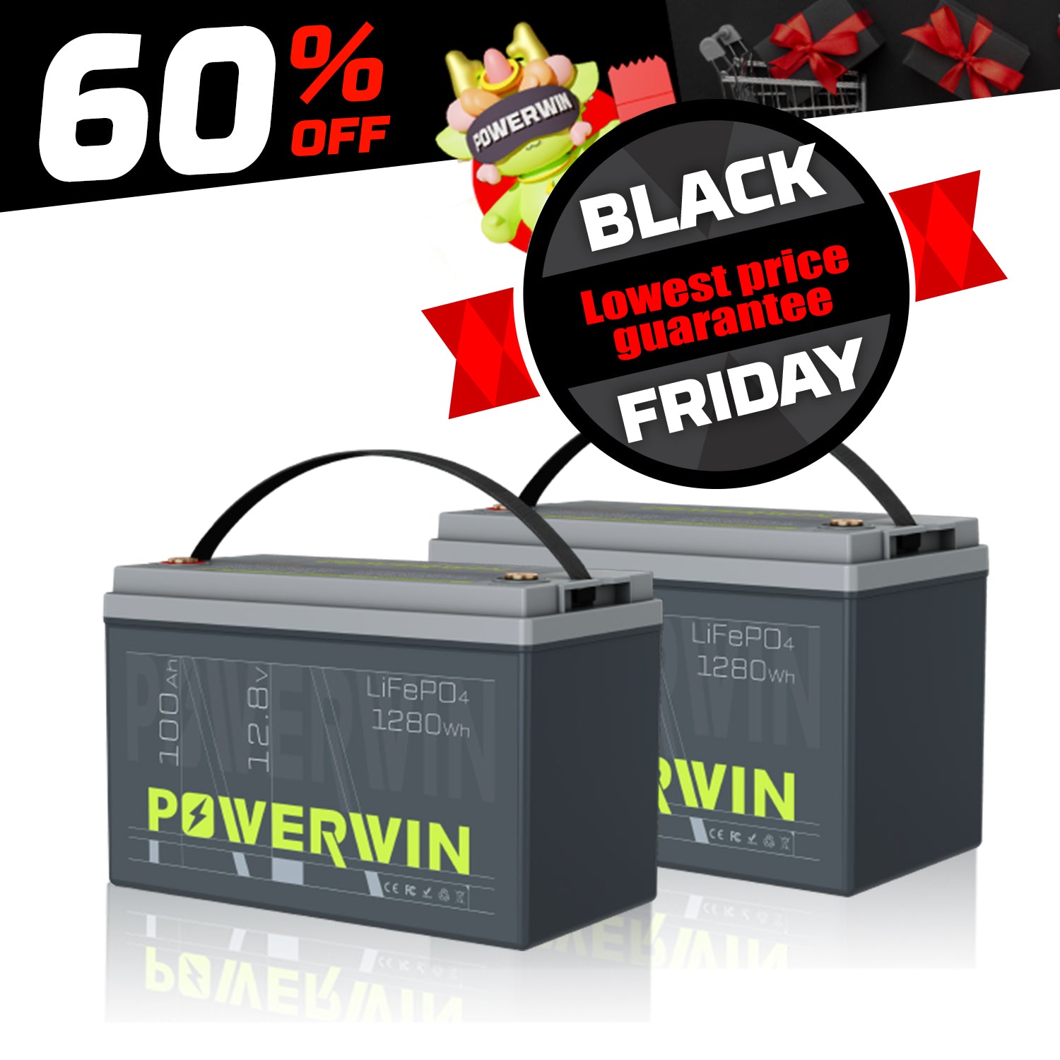 POWERWIN BT100 24V 100Ah 1280Wh LiFePO4 Lithium Battery 2 Pack 2560Wh Total