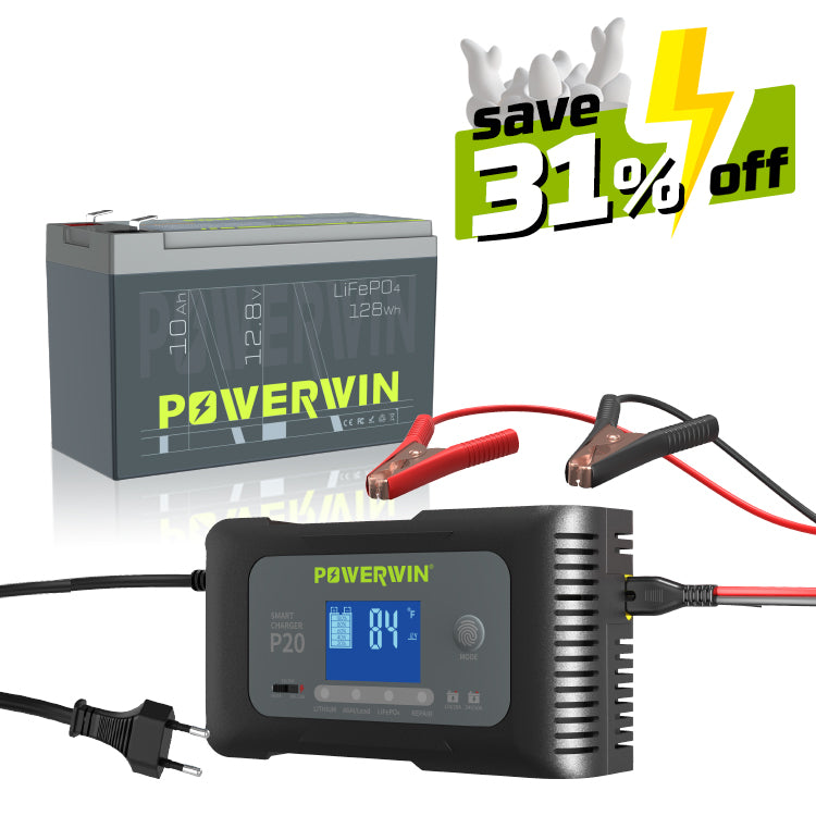 POWERWIN 12V 10Ah LiFePO4 Lithium Battery + Charger Set