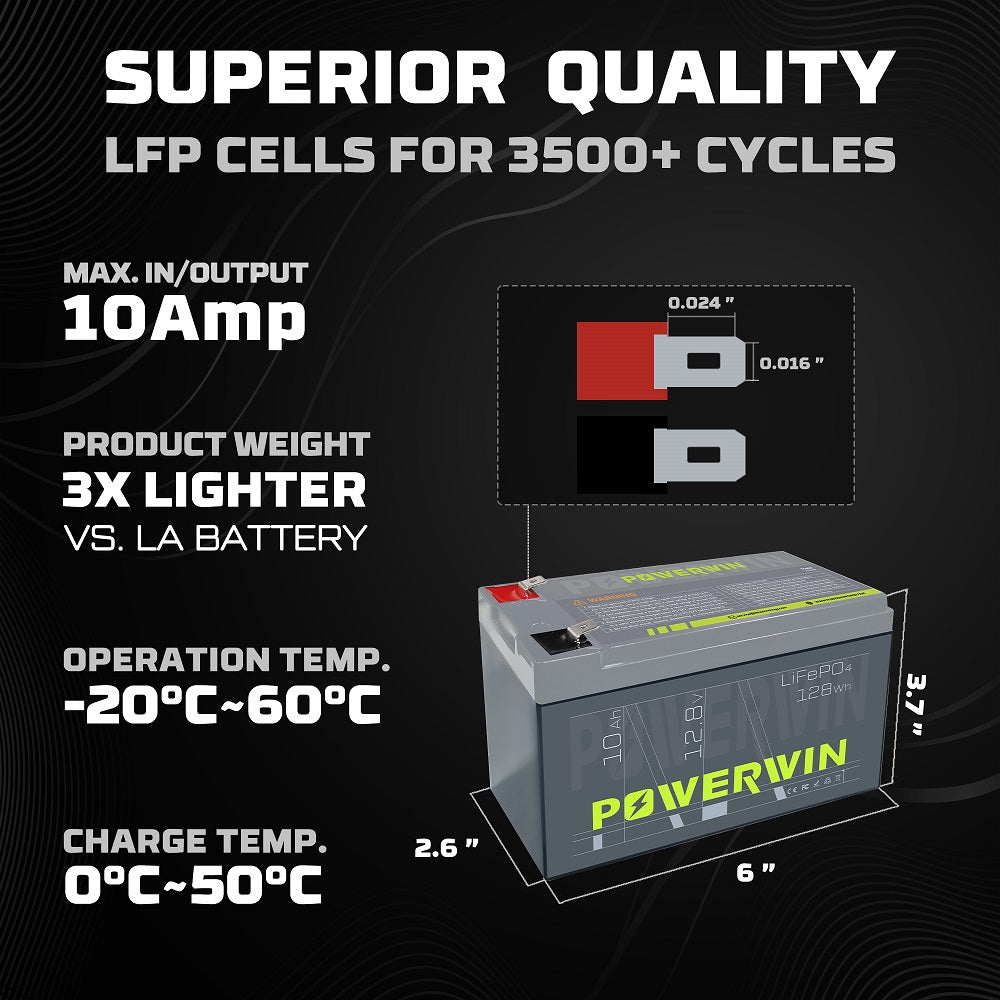 POWERWIN BT10 12V 10Ah 128Wh LiFePO4 Lithium Battery