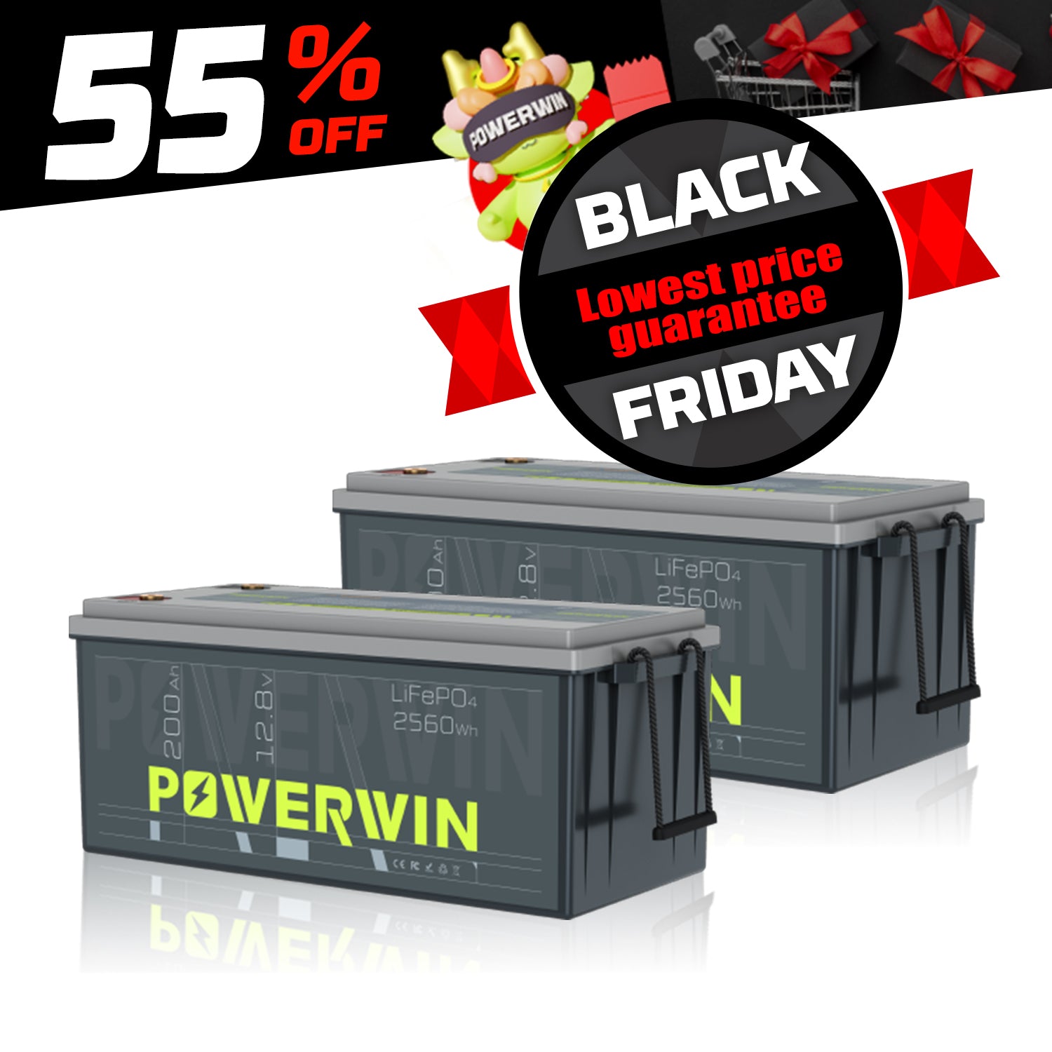 2 Pack POWERWIN BT200 12V 200Ah 2560Wh LiFePO4 Lithium Battery 5120Wh Total