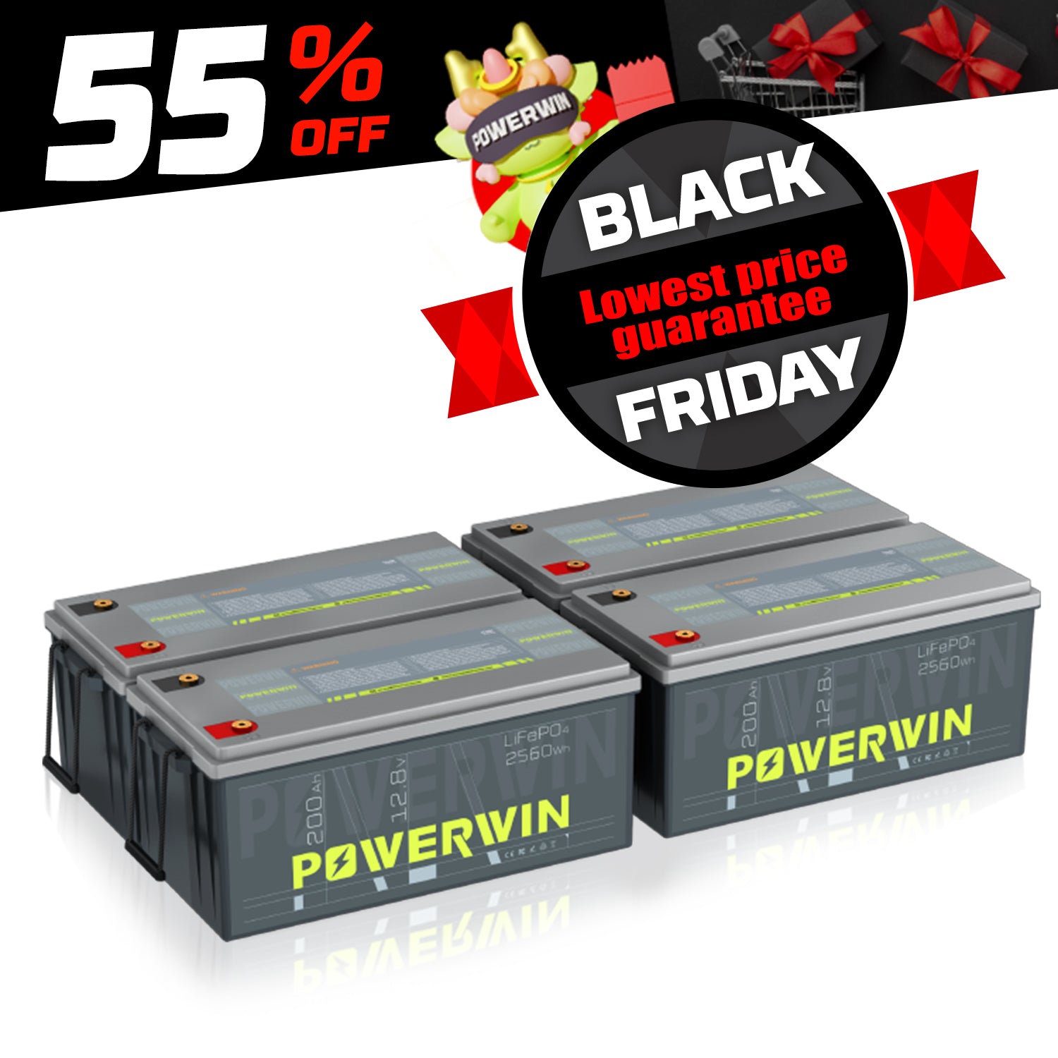 4 Pack POWERWIN BT200 12V 200Ah 2560Wh LiFePO4 Lithium Battery 10240Wh Total