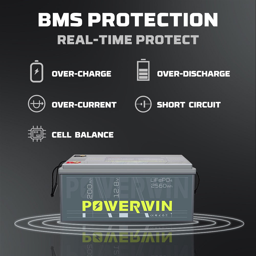8 Pack POWERWIN BT200 12V 200Ah 2560Wh LiFePO4 Lithium Battery 20480Wh Total
