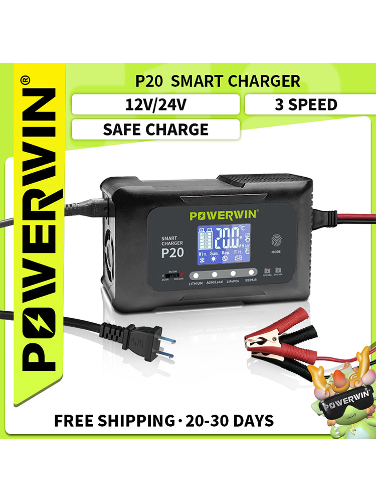Powerwin P20 12V/24V 20A Automatic Battery Charger for Car, Truck, AGM, LiFePO4