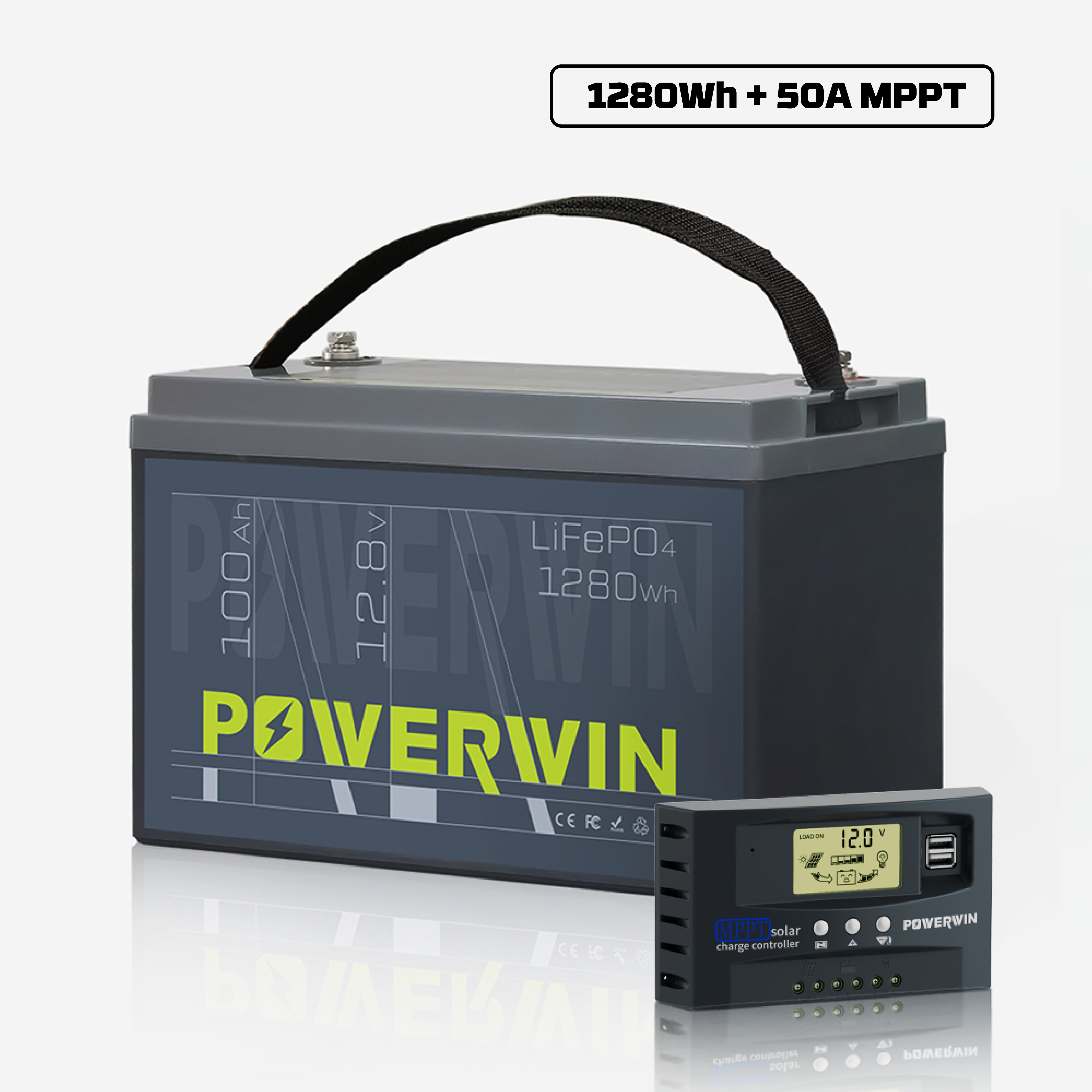 POWERWIN 12V 100Ah LiFePO4 Lithium Battery + 50A Solar Charge Controller Set