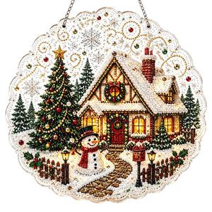 AMZ Christmas Cottage Snow Scene Lace Round Diamond Painting Ornament, DIY Christmas Gift, Sparkling Ornament
