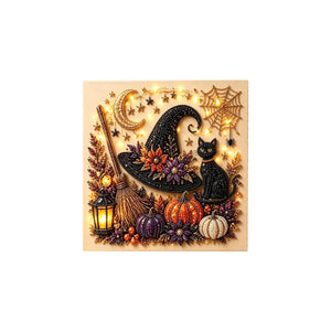 AMZ Diamond Painting Kit - Broom Hat Black Cat, Cute Pumpkin Ghost Witch, Halloween-Themed Painting Decoration Set