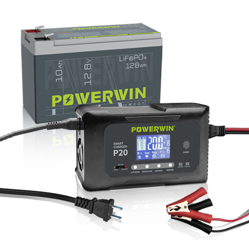 POWERWIN 12V 10Ah LiFePO4 Lithium Battery + Charger Set