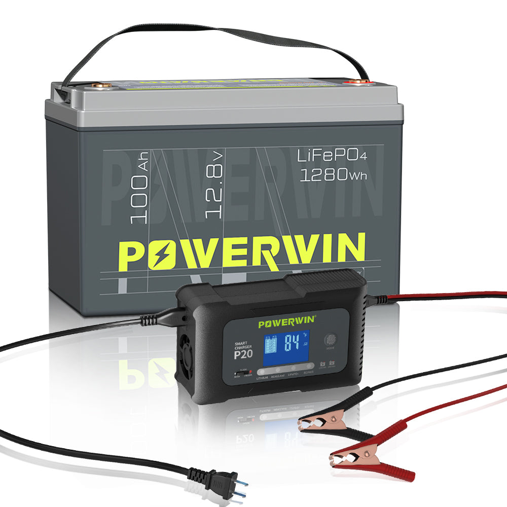 POWERWIN 12V 100Ah LiFePO4 Lithium Battery + Charger Set