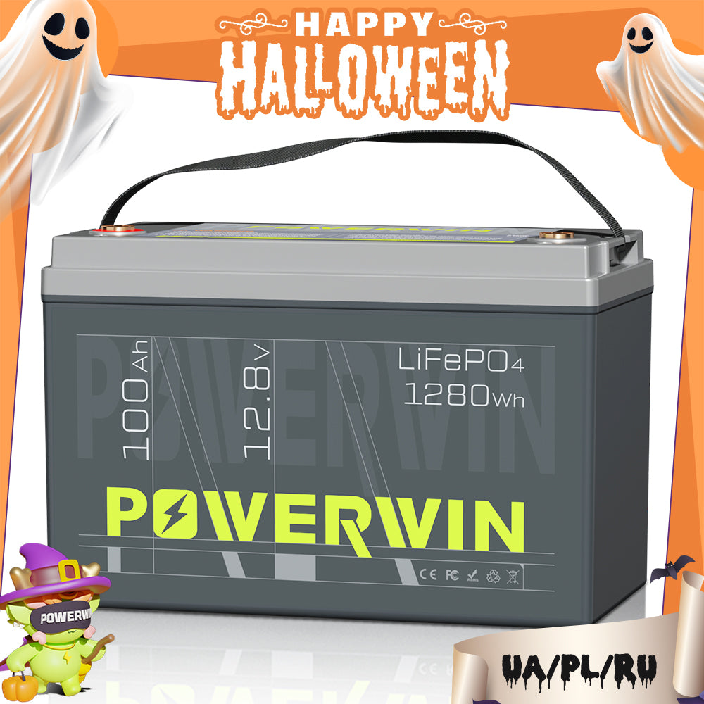 Powerwin BT100 12.8V 100Ah LiFePO4 battery Halloween edition with festive design, perfect for solar power and outdoor lighting