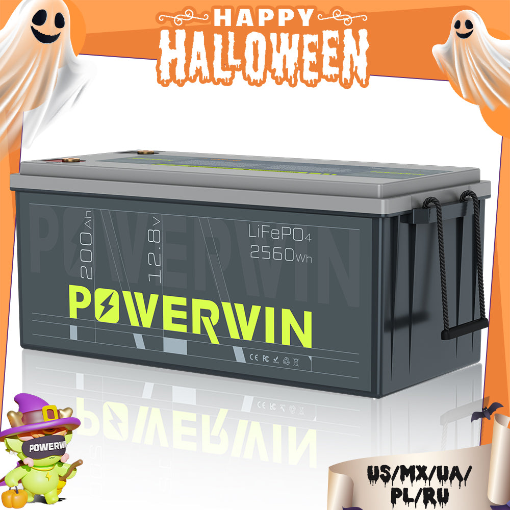 Powerwin BT200 12.8V 100Ah LiFePO4 battery Halloween edition with festive design, perfect for solar power and outdoor lighting