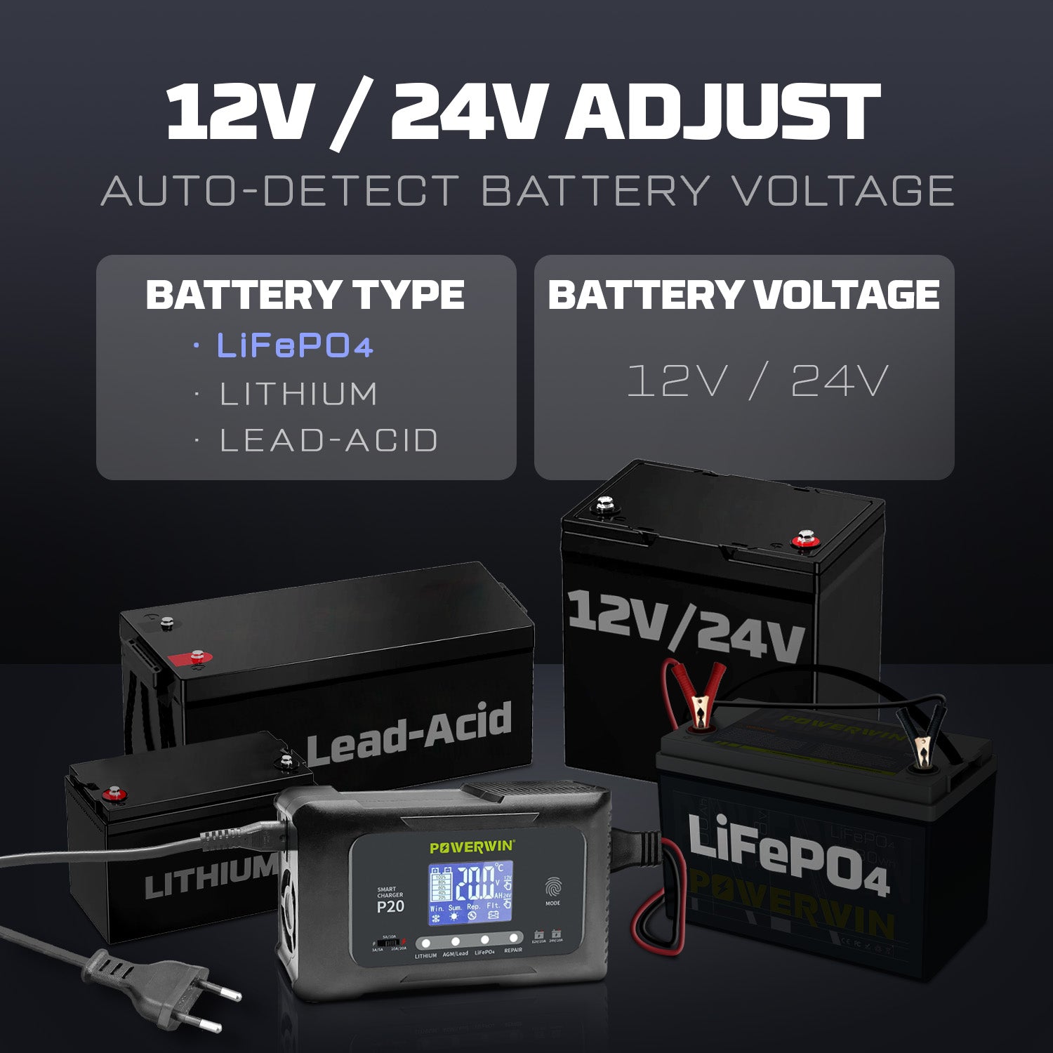 The Powerwin P20 e-scooter automatically detects and switches between 12V and 24V for safe and optimal charging.