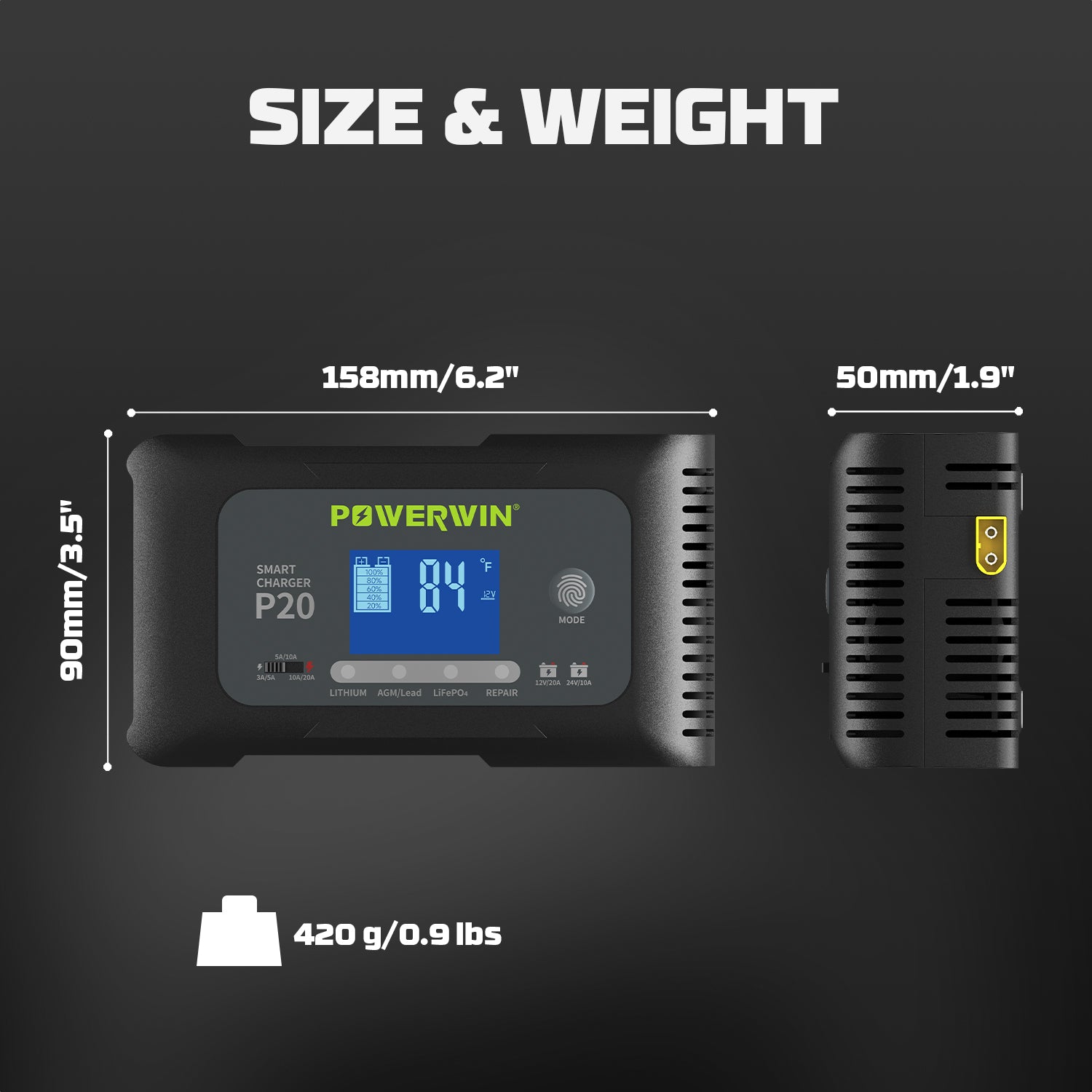 Powerwin P20 charger's physical dimensions, weight, and portability specifications.