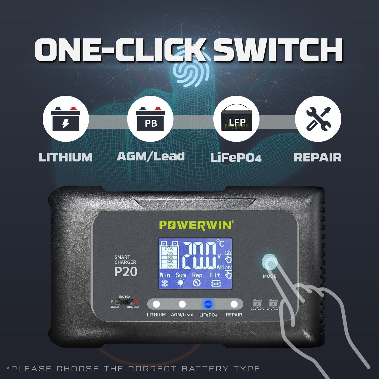 Powerwin P20 charger featuring a one-click button to switch between different charging modes.