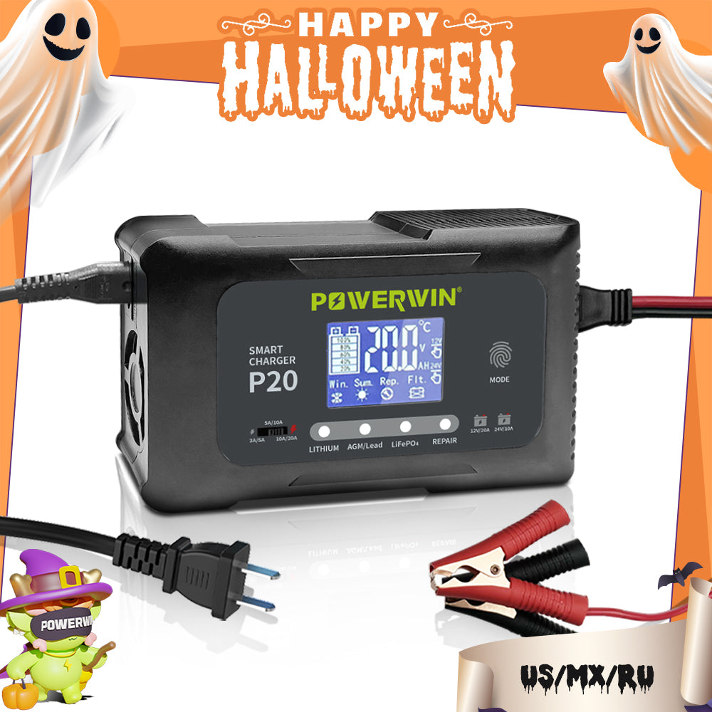 Powerwin P20 12V/24V 20A Automatic Battery Charger for Car, Truck, AGM, LiFePO4