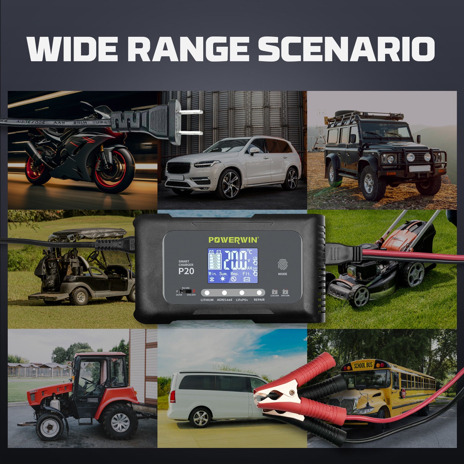 The Powerwin P20 charger is suitable for a wide range of applications, from e-scooters to electric bikes and more.