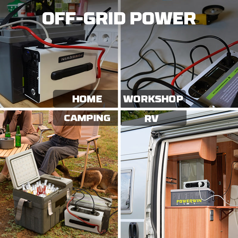 Powerwin PI1200 pure sine wave inverter providing power for home, RV, and camping applications.