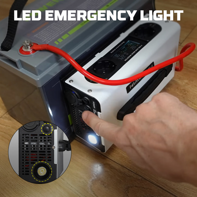 The built-in LED emergency light on the Powerwin PI1200 inverter provides backup lighting.