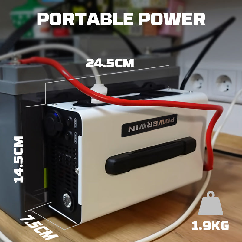 Technical drawing with precise dimensions and weight of the Powerwin PI1200 inverter.