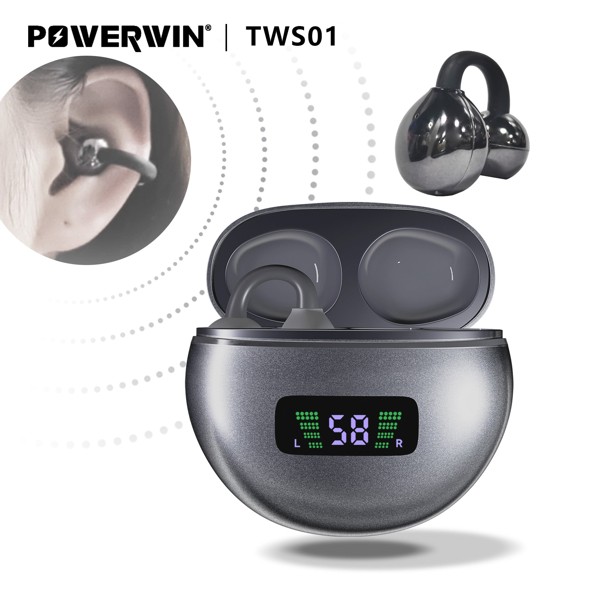 Front view of the Powerwin TWS01 earphones, showing the clip and speaker design.