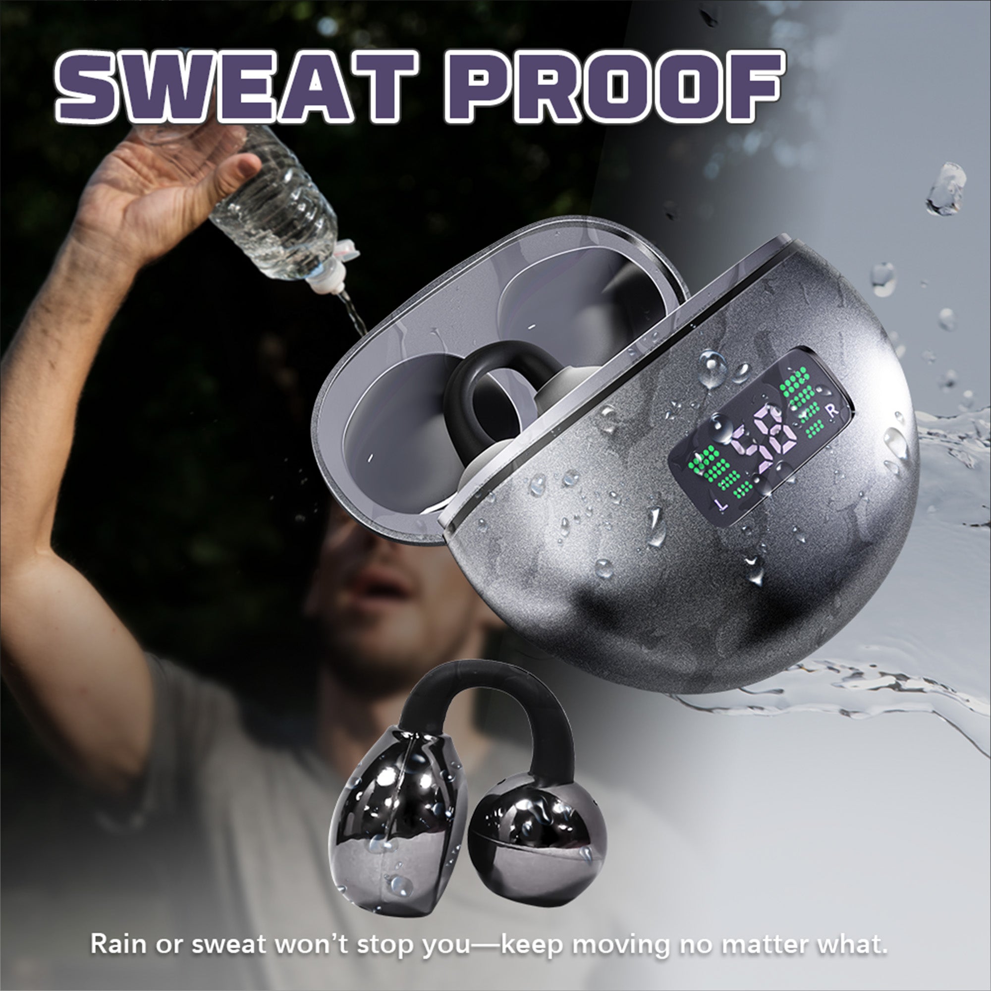 Close-up showing the IPX5 sweat-proof rating of the Powerwin TWS01 sports earphones.
